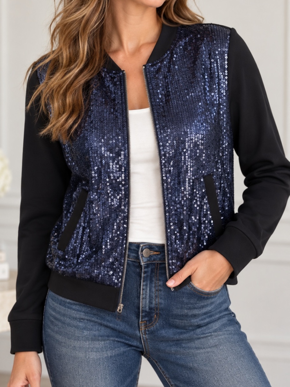 NWT Tommy Hilfiger Aspen Club Navy Sequin Bomber Jacket Size Small